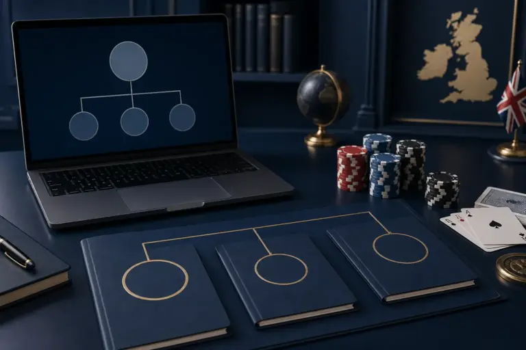 UK research desk showing a parent group connected to three casino brand folders