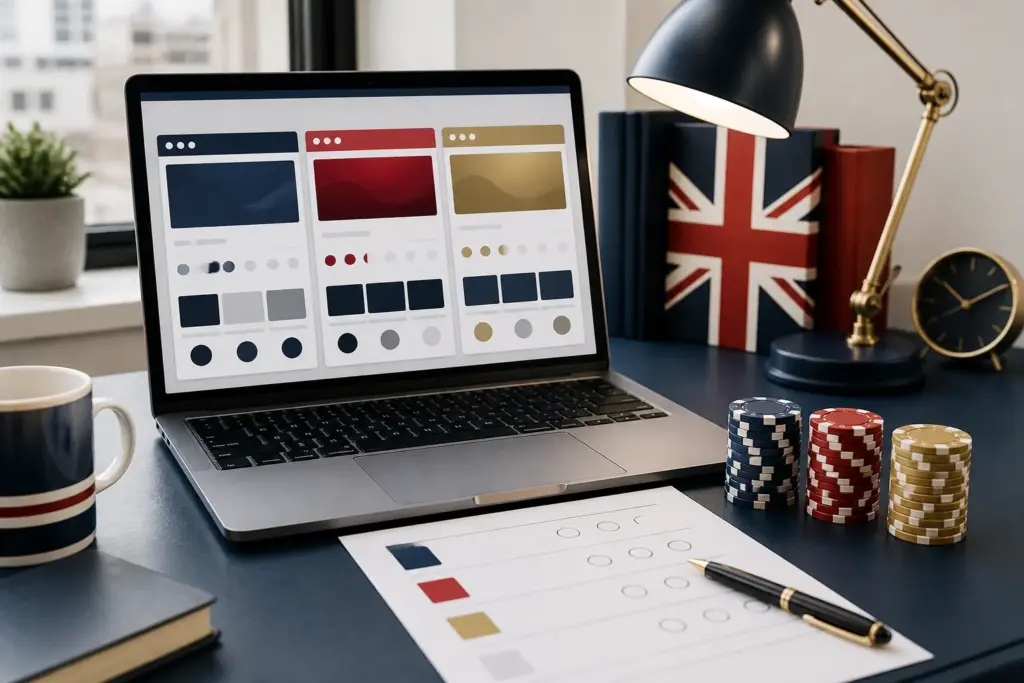 Laptop and checklist used to compare related UK casino brands