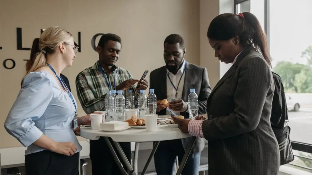 Business professionals discussing work during a conference