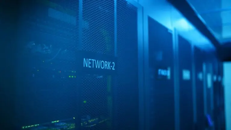 Blue-lit server racks inside a modern data centre