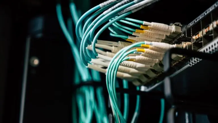Network cables connected to a server rack